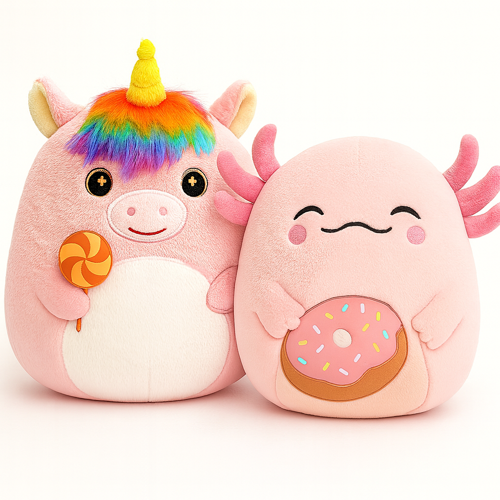 Two Puffpals plush toys with bright character details